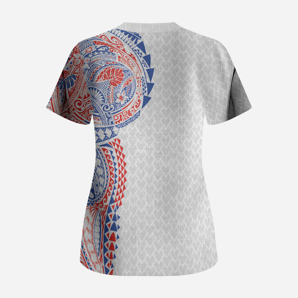 Hawaiian Traditional Tattoos Scrub Top Kakau Tribal Tropical Plant Motif Hawaii Flag Color Inspired LT03 - Polynesian Pride