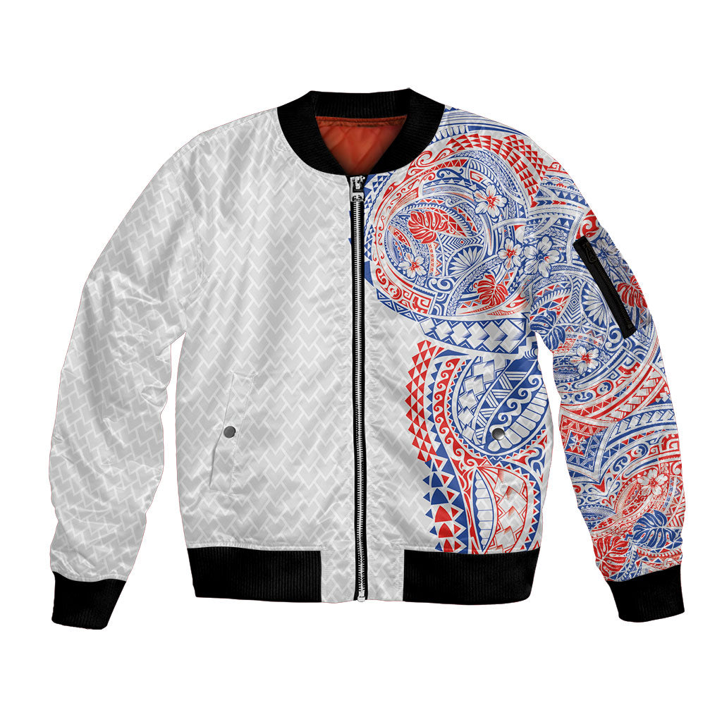 Hawaiian Traditional Tattoos Sleeve Zip Bomber Jacket Kakau Tribal Tropical Plant Motif Hawaii Flag Color Inspired LT03 Unisex Multicolor - Polynesian Pride