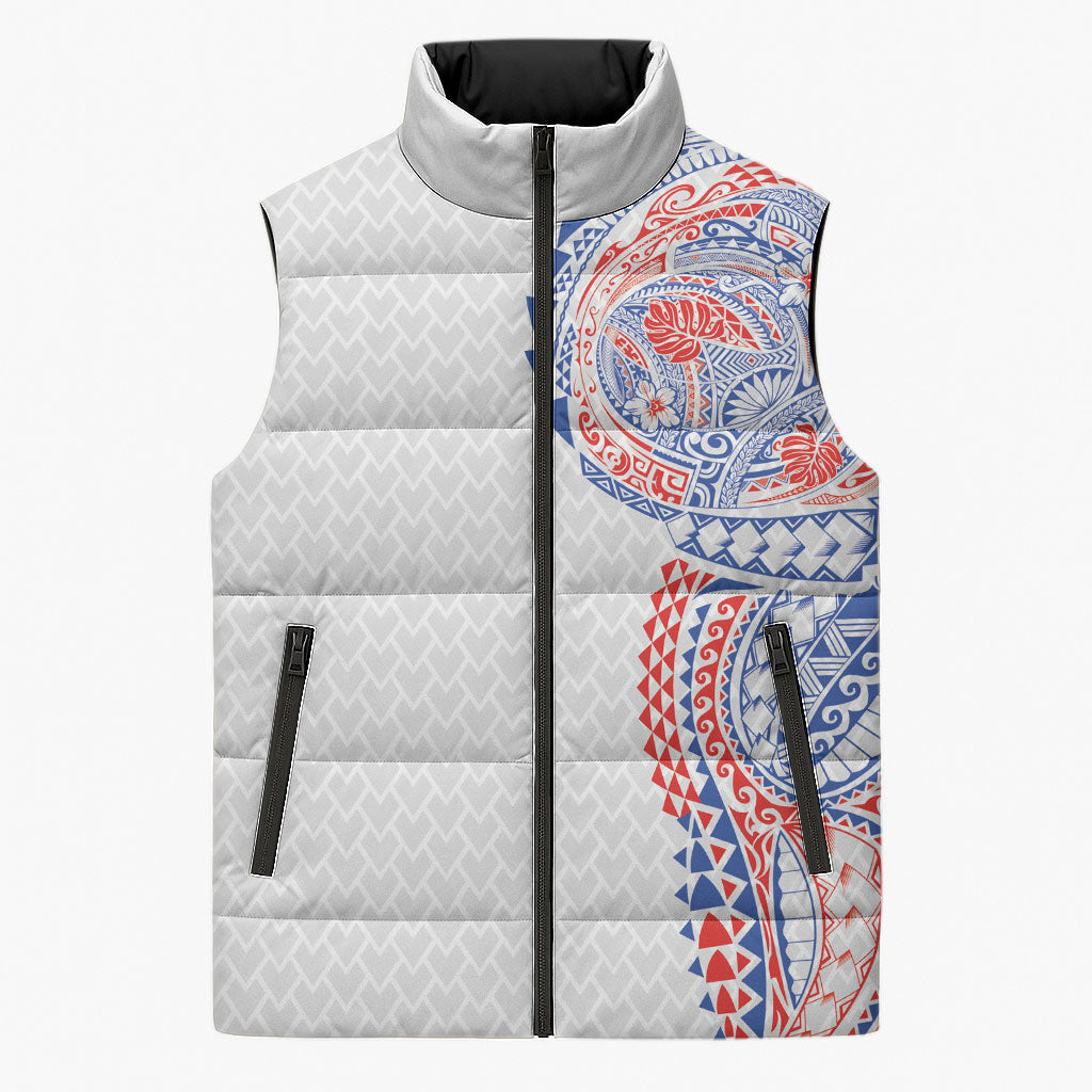 Hawaiian Traditional Tattoos Sleeveless Puffer Jacket Kakau Tribal Tropical Plant Motif Hawaii Flag Color Inspired LT03 Unisex Multicolor - Polynesian Pride