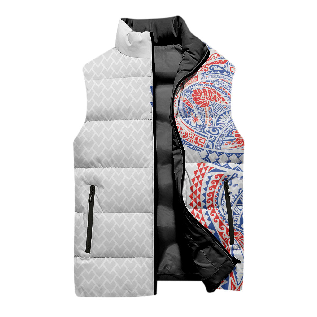 Hawaiian Traditional Tattoos Sleeveless Puffer Jacket Kakau Tribal Tropical Plant Motif Hawaii Flag Color Inspired LT03 - Polynesian Pride