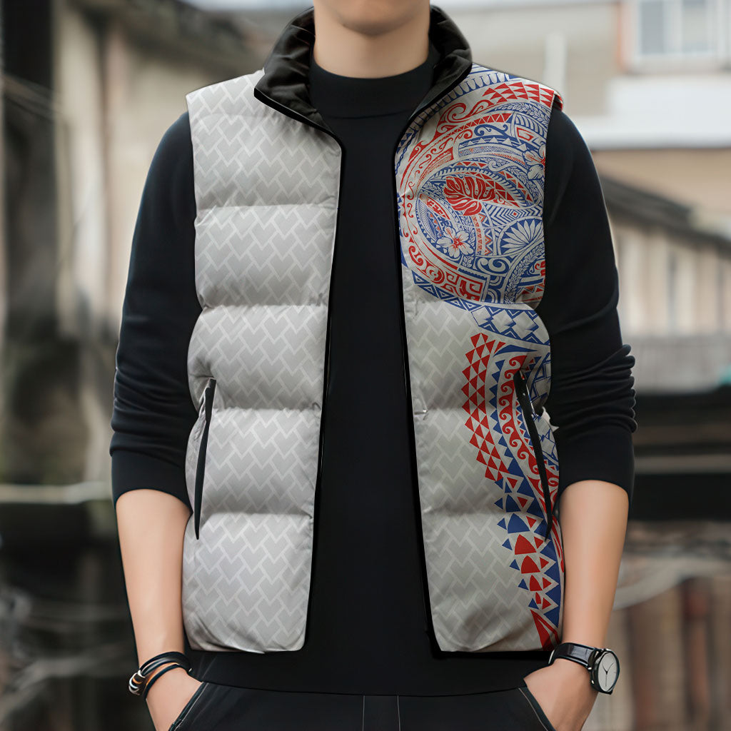 Hawaiian Traditional Tattoos Sleeveless Puffer Jacket Kakau Tribal Tropical Plant Motif Hawaii Flag Color Inspired LT03 - Polynesian Pride