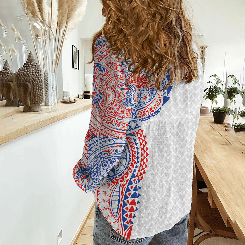 Hawaiian Traditional Tattoos Women Casual Shirt Kakau Tribal Tropical Plant Motif Hawaii Flag Color Inspired LT03 - Polynesian Pride