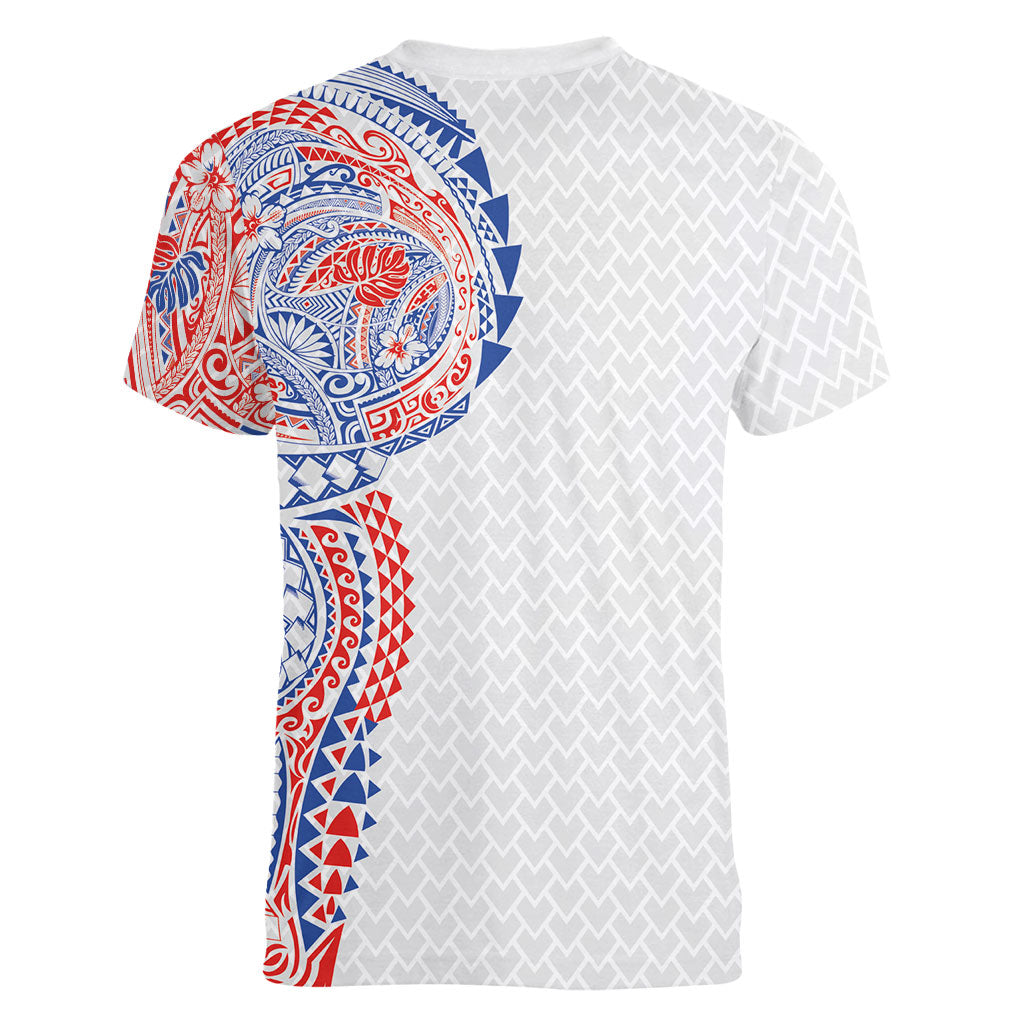 Hawaiian Traditional Tattoos Women V-Neck T-Shirt Kakau Tribal Tropical Plant Motif Hawaii Flag Color Inspired LT03 - Polynesian Pride