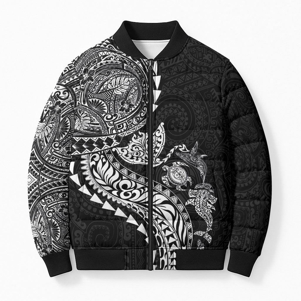 Hawaiian Kakau Tribal Sea Animals Tattoos Bomber Puffer Jacket Black Color LT03 Unisex Black - Polynesian Pride