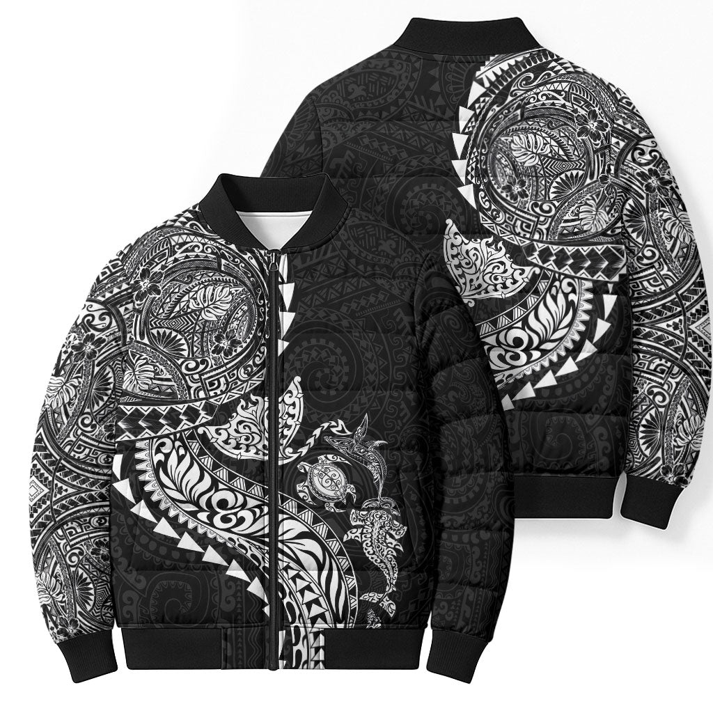 Hawaiian Kakau Tribal Sea Animals Tattoos Bomber Puffer Jacket Black Color LT03 - Polynesian Pride