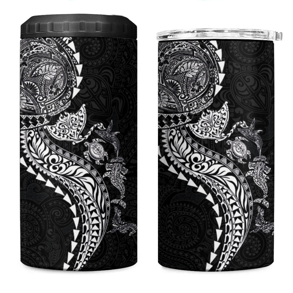 Hawaiian Kakau Tribal Sea Animals Tattoos 4 in 1 Can Cooler Tumbler Black Color LT03 One Size: 16 oz Black - Polynesian Pride