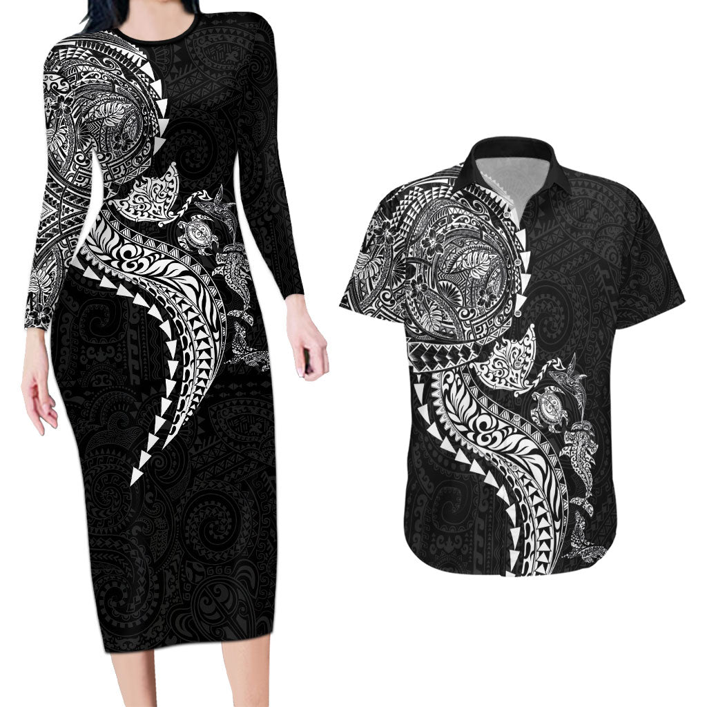 Hawaiian Kakau Tribal Sea Animals Tattoos Couples Matching Long Sleeve Bodycon Dress and Hawaiian Shirt Black Color LT03 Black - Polynesian Pride