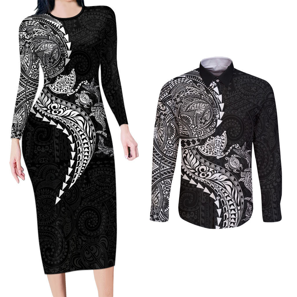 Hawaiian Kakau Tribal Sea Animals Tattoos Couples Matching Long Sleeve Bodycon Dress and Long Sleeve Button Shirt Black Color LT03 Black - Polynesian Pride