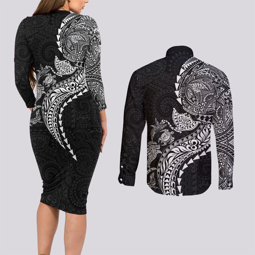 Hawaiian Kakau Tribal Sea Animals Tattoos Couples Matching Long Sleeve Bodycon Dress and Long Sleeve Button Shirt Black Color LT03 - Polynesian Pride