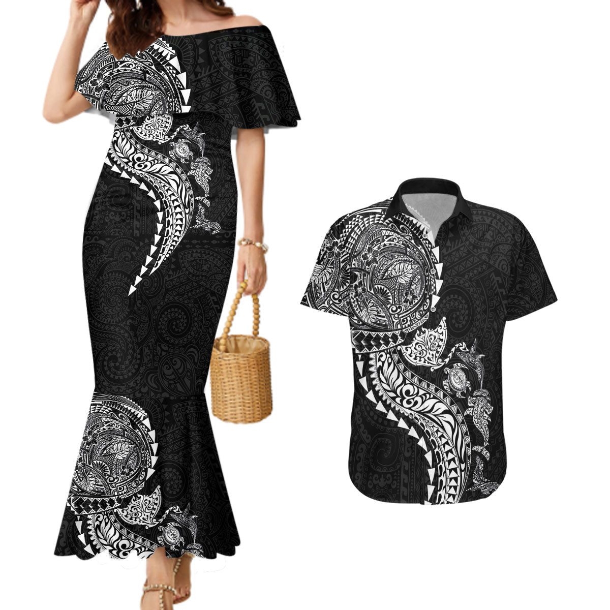 Hawaiian Kakau Tribal Sea Animals Tattoos Couples Matching Mermaid Dress and Hawaiian Shirt Black Color