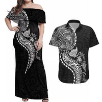 Hawaiian Kakau Tribal Sea Animals Tattoos Couples Matching Off Shoulder Maxi Dress and Hawaiian Shirt Black Color LT03 Black - Polynesian Pride
