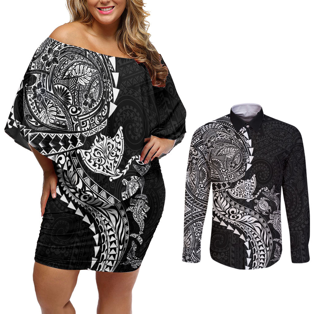 Hawaiian Kakau Tribal Sea Animals Tattoos Couples Matching Off Shoulder Short Dress and Long Sleeve Button Shirt Black Color LT03 Black - Polynesian Pride