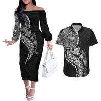 Hawaiian Kakau Tribal Sea Animals Tattoos Couples Matching Off The Shoulder Long Sleeve Dress and Hawaiian Shirt Black Color LT03 Black - Polynesian Pride
