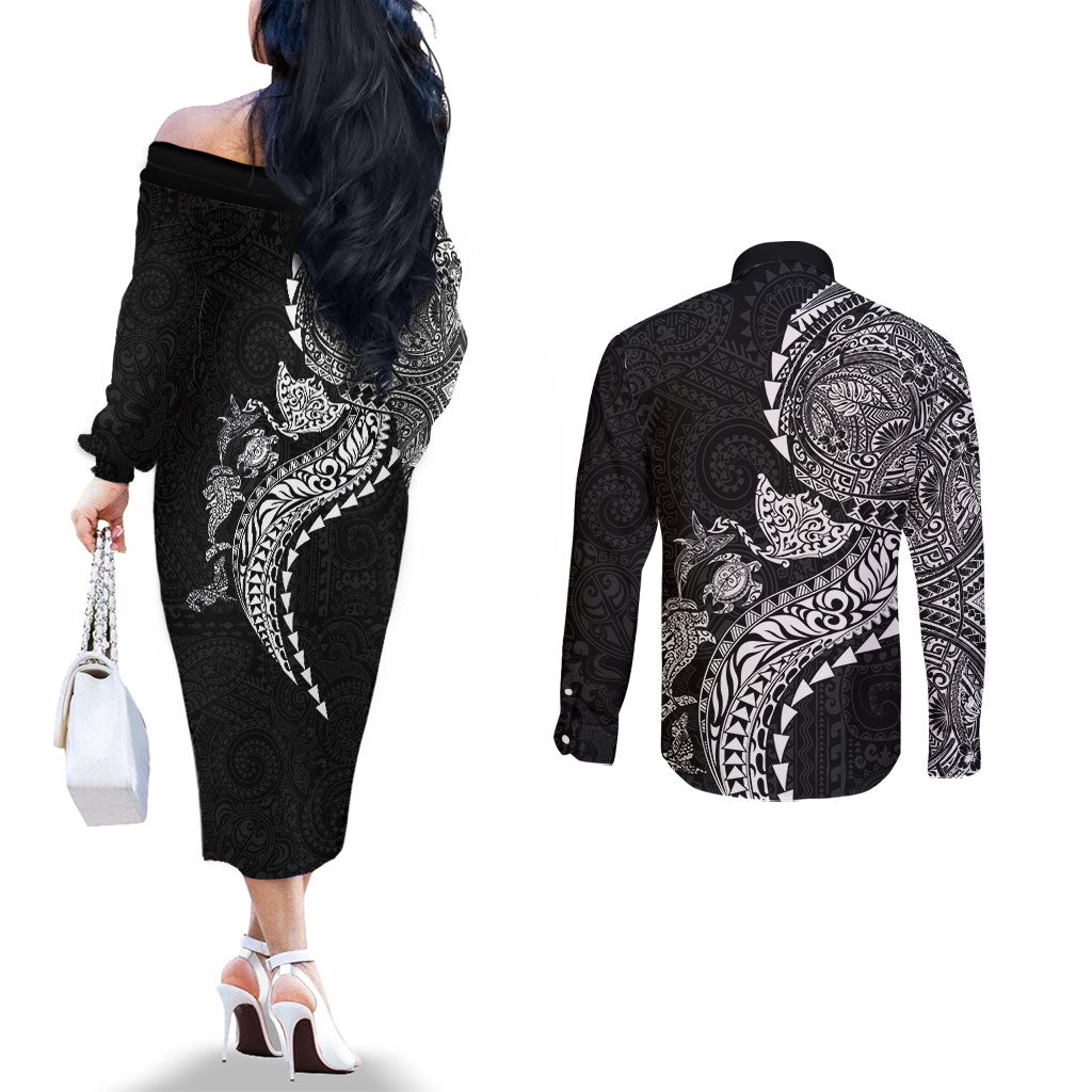 Hawaiian Kakau Tribal Sea Animals Tattoos Couples Matching Off The Shoulder Long Sleeve Dress and Long Sleeve Button Shirt Black Color LT03 - Polynesian Pride
