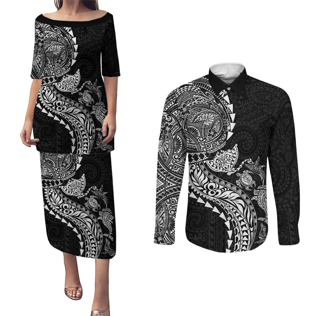 Hawaiian Kakau Tribal Sea Animals Tattoos Couples Matching Puletasi and Long Sleeve Button Shirt Black Color LT03 Black - Polynesian Pride