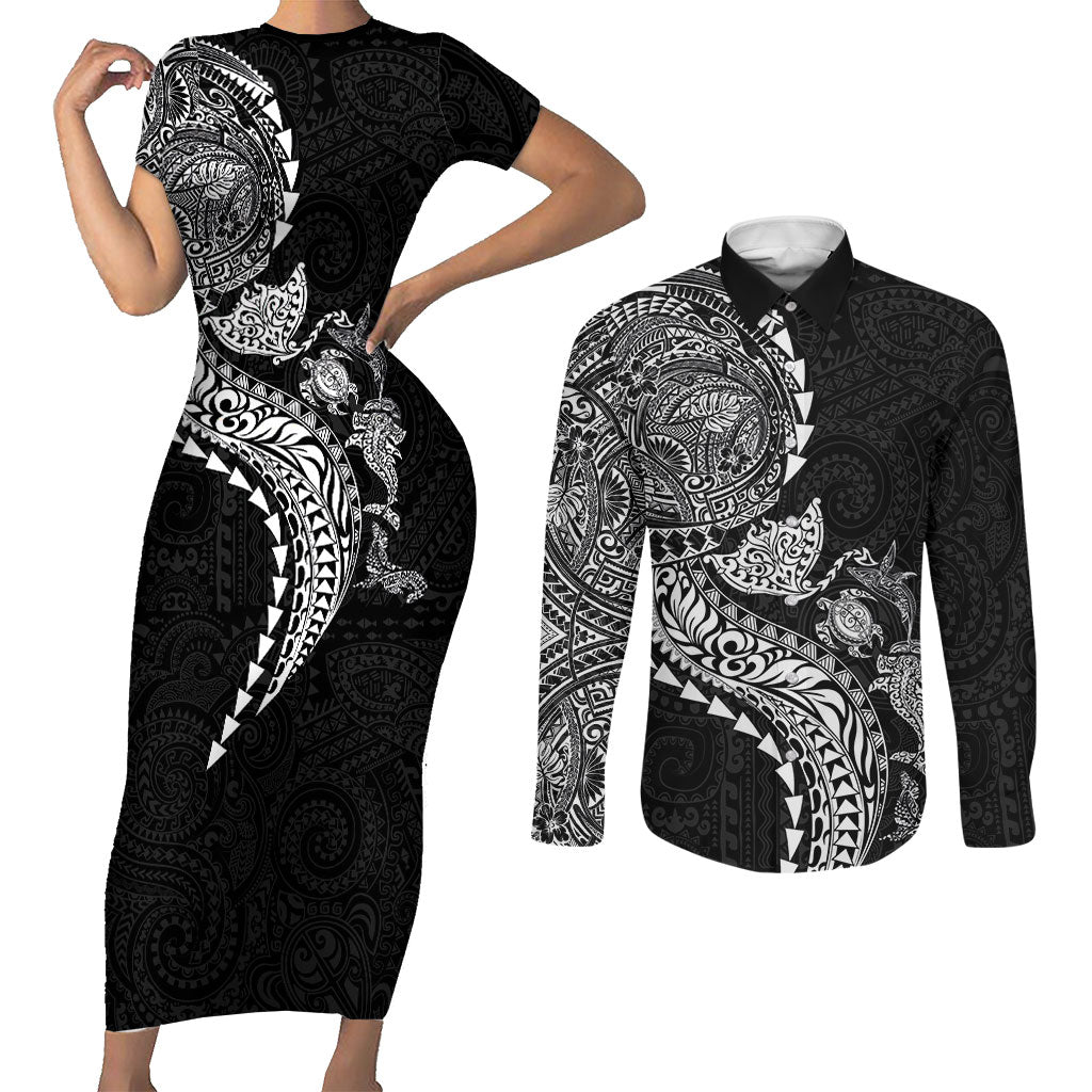 Hawaiian Kakau Tribal Sea Animals Tattoos Couples Matching Short Sleeve Bodycon Dress and Long Sleeve Button Shirt Black Color LT03 Black - Polynesian Pride