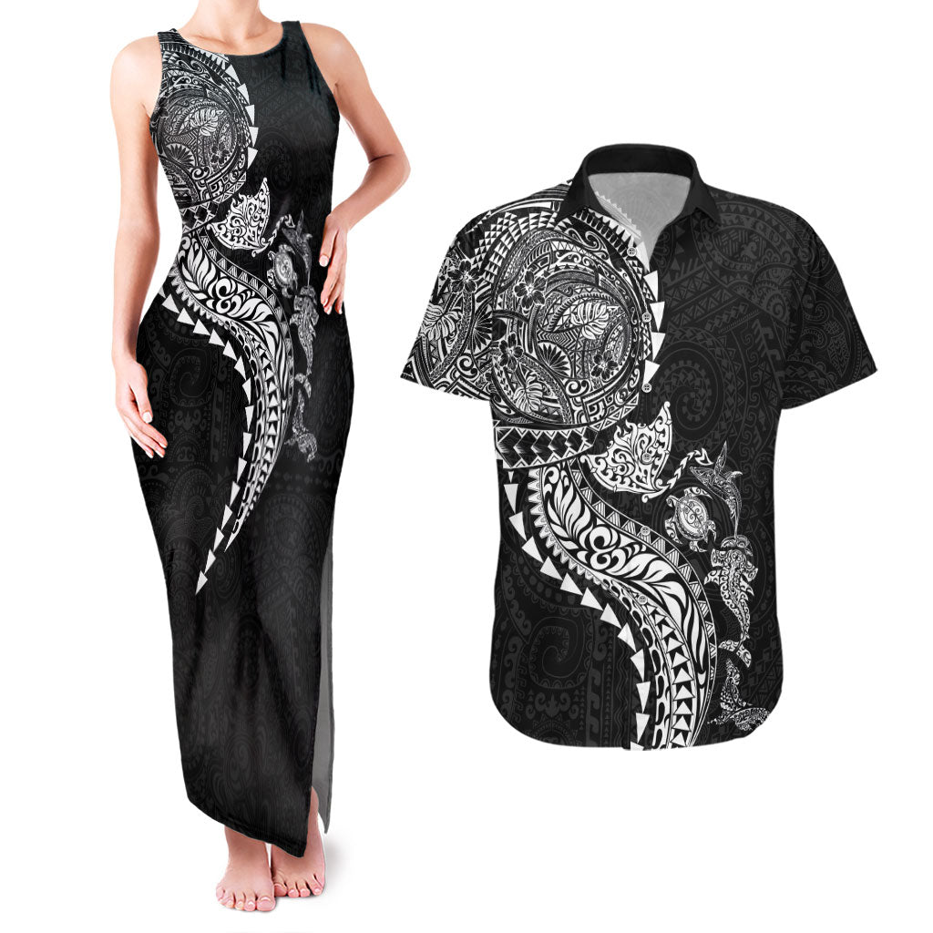 Hawaiian Kakau Tribal Sea Animals Tattoos Couples Matching Tank Maxi Dress and Hawaiian Shirt Black Color