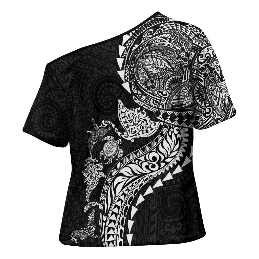 Hawaiian Kakau Tribal Sea Animals Tattoos Cross Shoulder Shirt Black Color LT03 - Polynesian Pride
