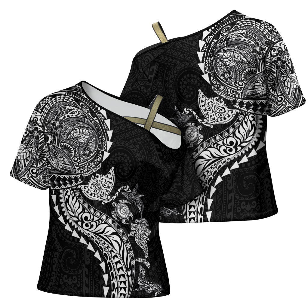 Hawaiian Kakau Tribal Sea Animals Tattoos Cross Shoulder Shirt Black Color LT03 - Polynesian Pride