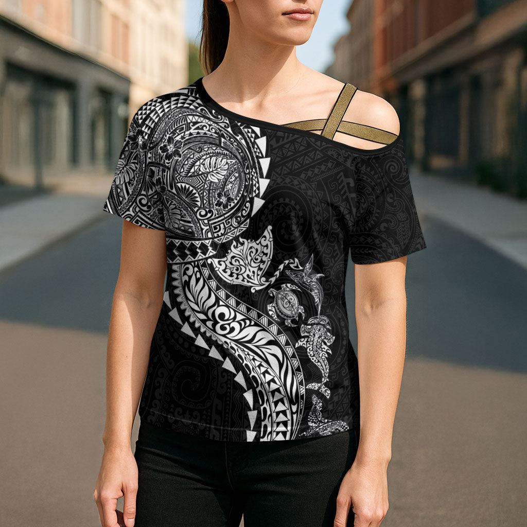 Hawaiian Kakau Tribal Sea Animals Tattoos Cross Shoulder Shirt Black Color LT03 - Polynesian Pride