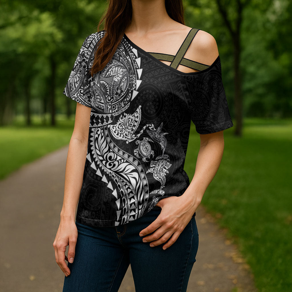 Hawaiian Kakau Tribal Sea Animals Tattoos Cross Shoulder Shirt Black Color LT03 - Polynesian Pride