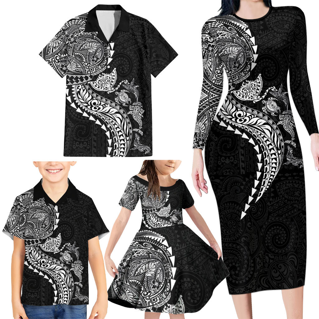 Hawaiian Kakau Tribal Sea Animals Tattoos Family Matching Long Sleeve Bodycon Dress and Hawaiian Shirt Black Color LT03 - Polynesian Pride