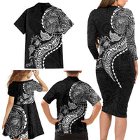 Hawaiian Kakau Tribal Sea Animals Tattoos Family Matching Long Sleeve Bodycon Dress and Hawaiian Shirt Black Color LT03 - Polynesian Pride