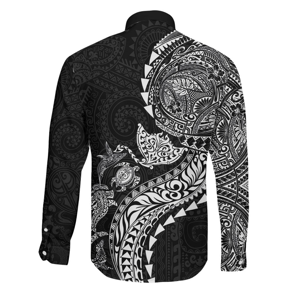 Hawaiian Kakau Tribal Sea Animals Tattoos Family Matching Long Sleeve Bodycon Dress and Hawaiian Shirt Black Color LT03 - Polynesian Pride