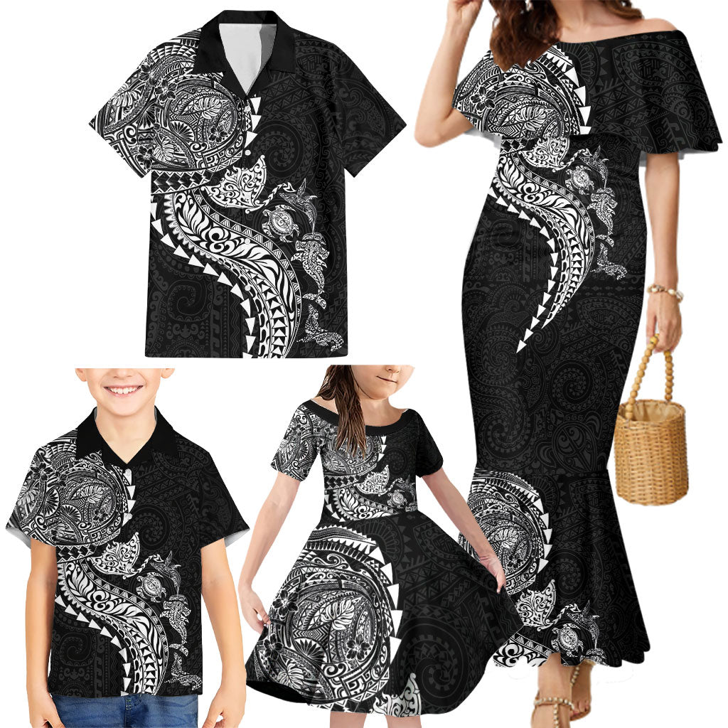 Hawaiian Kakau Tribal Sea Animals Tattoos Family Matching Mermaid Dress and Hawaiian Shirt Black Color LT03 - Polynesian Pride