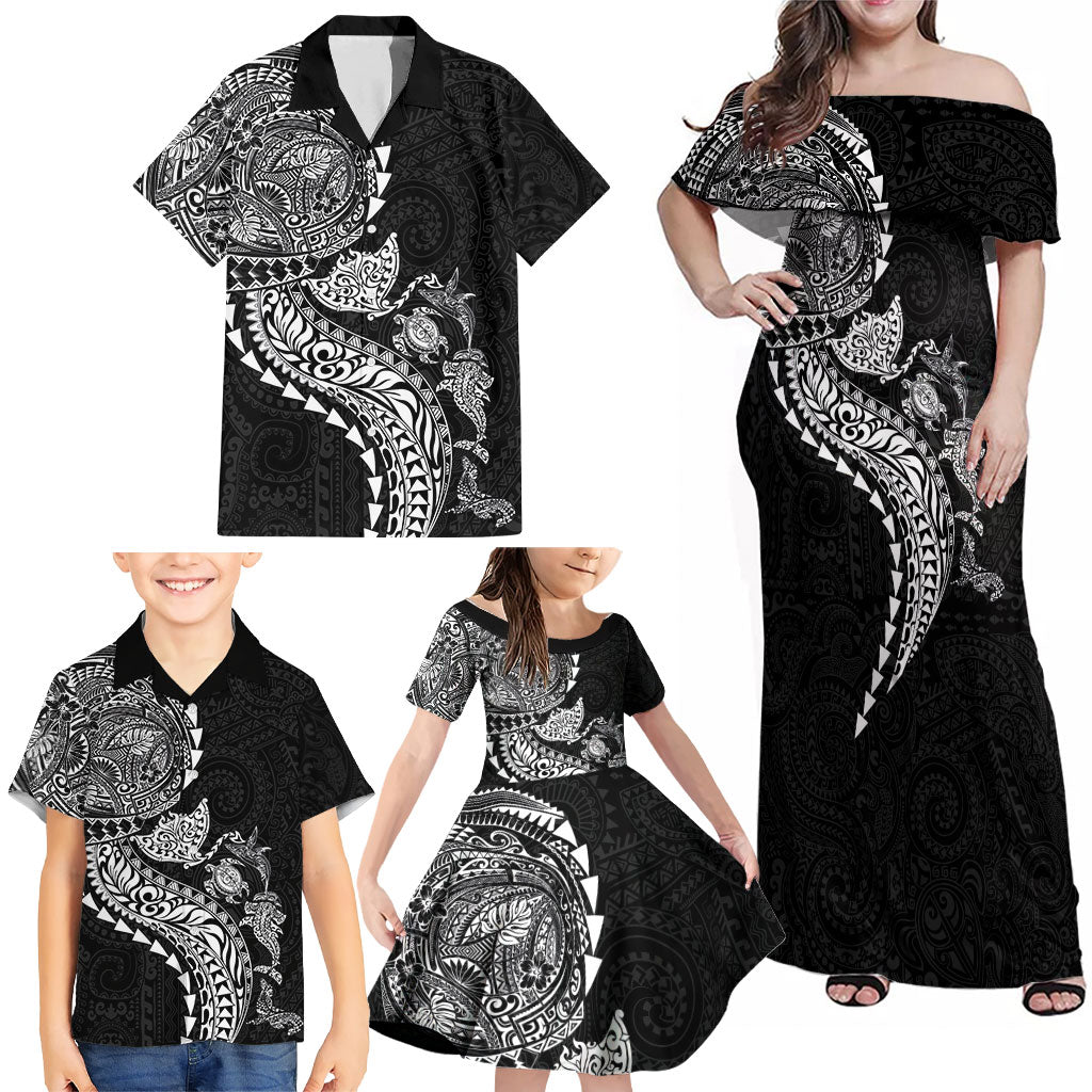 Hawaiian Kakau Tribal Sea Animals Tattoos Family Matching Off Shoulder Maxi Dress and Hawaiian Shirt Black Color