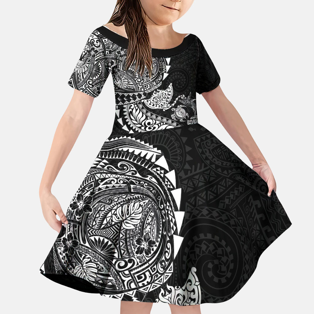 Hawaiian Kakau Tribal Sea Animals Tattoos Family Matching Off Shoulder Short Dress and Hawaiian Shirt Black Color LT03 Daughter's Dress Black - Polynesian Pride