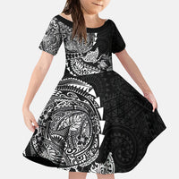 Hawaiian Kakau Tribal Sea Animals Tattoos Family Matching Off Shoulder Short Dress and Hawaiian Shirt Black Color LT03 Daughter's Dress Black - Polynesian Pride