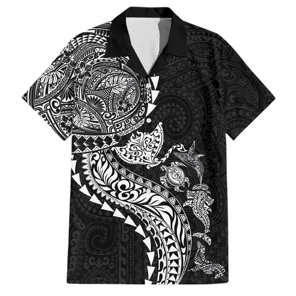 Hawaiian Kakau Tribal Sea Animals Tattoos Family Matching Off Shoulder Short Dress and Hawaiian Shirt Black Color LT03 Dad's Shirt - Short Sleeve Black - Polynesian Pride