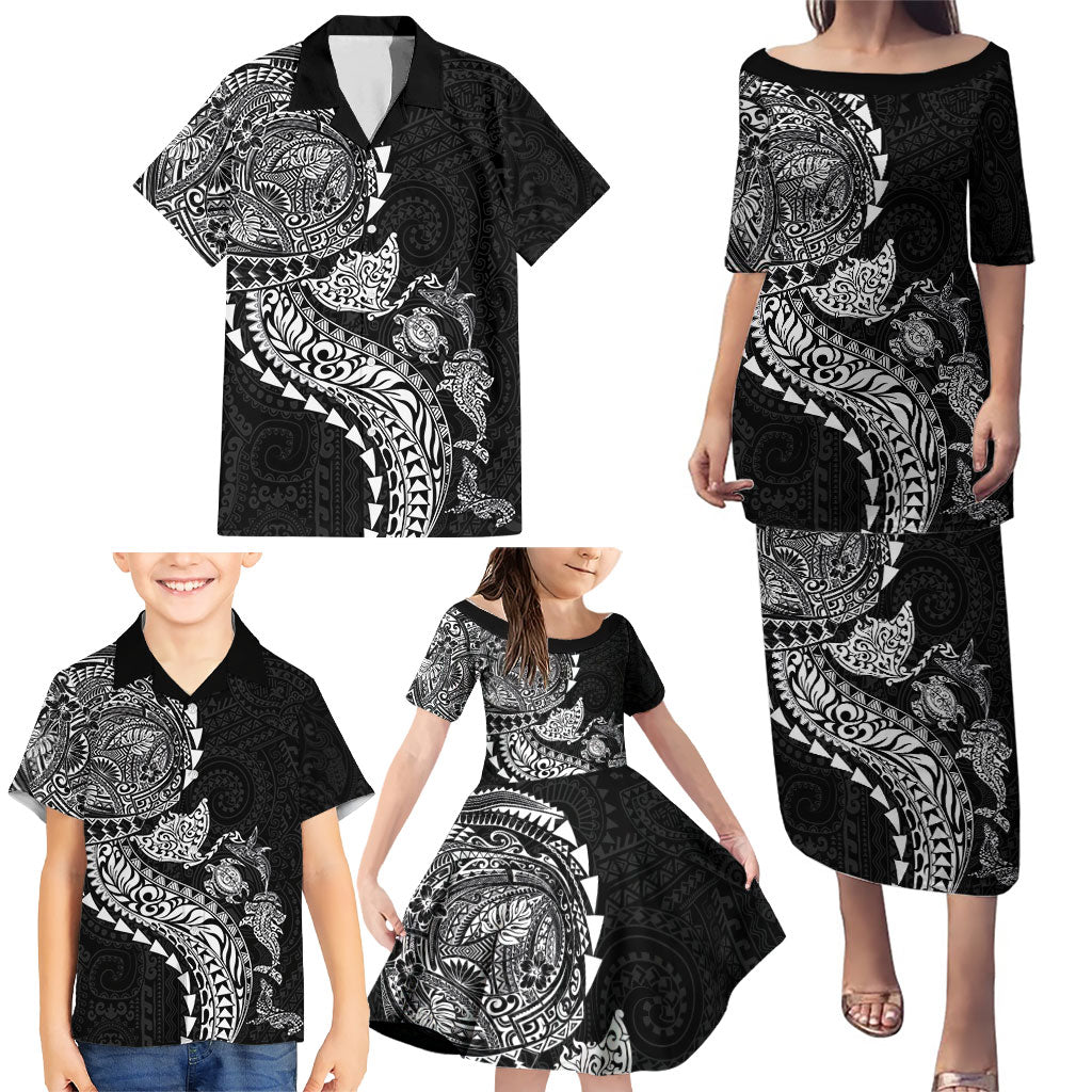 Hawaiian Kakau Tribal Sea Animals Tattoos Family Matching Puletasi and Hawaiian Shirt Black Color LT03 - Polynesian Pride