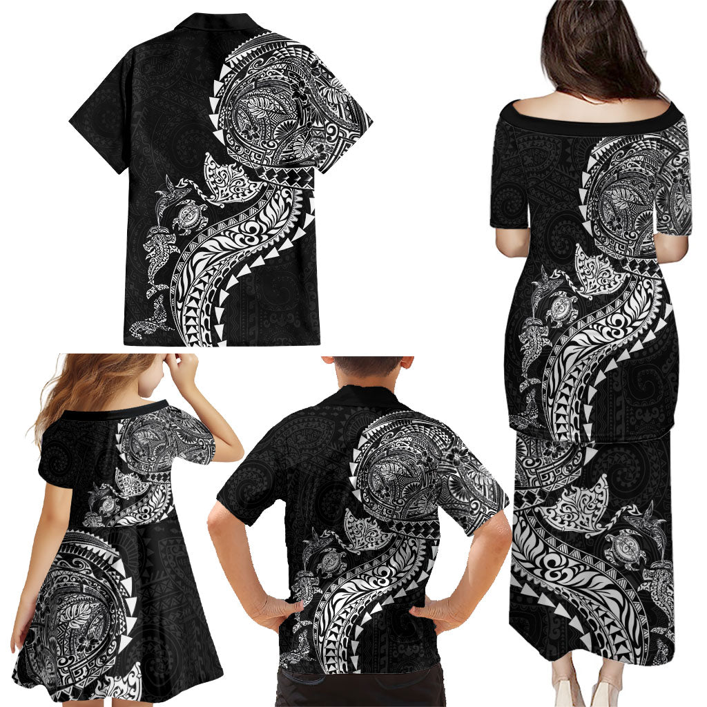 Hawaiian Kakau Tribal Sea Animals Tattoos Family Matching Puletasi and Hawaiian Shirt Black Color LT03 - Polynesian Pride