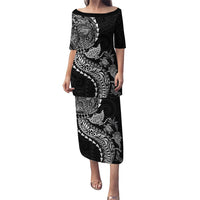 Hawaiian Kakau Tribal Sea Animals Tattoos Family Matching Puletasi and Hawaiian Shirt Black Color LT03 Mom's Dress Black - Polynesian Pride