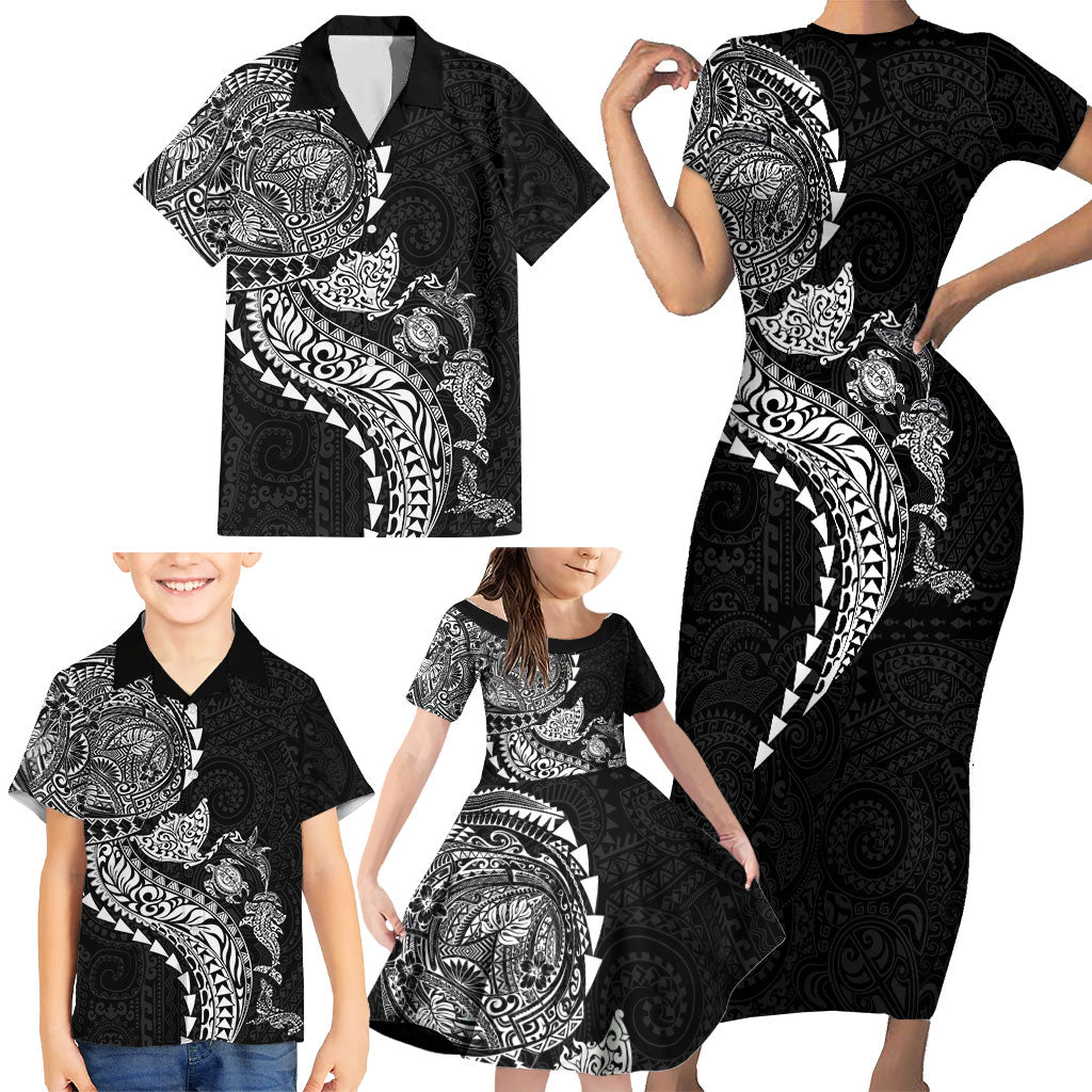 Hawaiian Kakau Tribal Sea Animals Tattoos Family Matching Short Sleeve Bodycon Dress and Hawaiian Shirt Black Color LT03 - Polynesian Pride