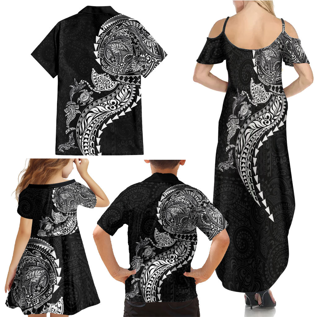 Hawaiian Kakau Tribal Sea Animals Tattoos Family Matching Summer Maxi Dress and Hawaiian Shirt Black Color LT03 - Polynesian Pride