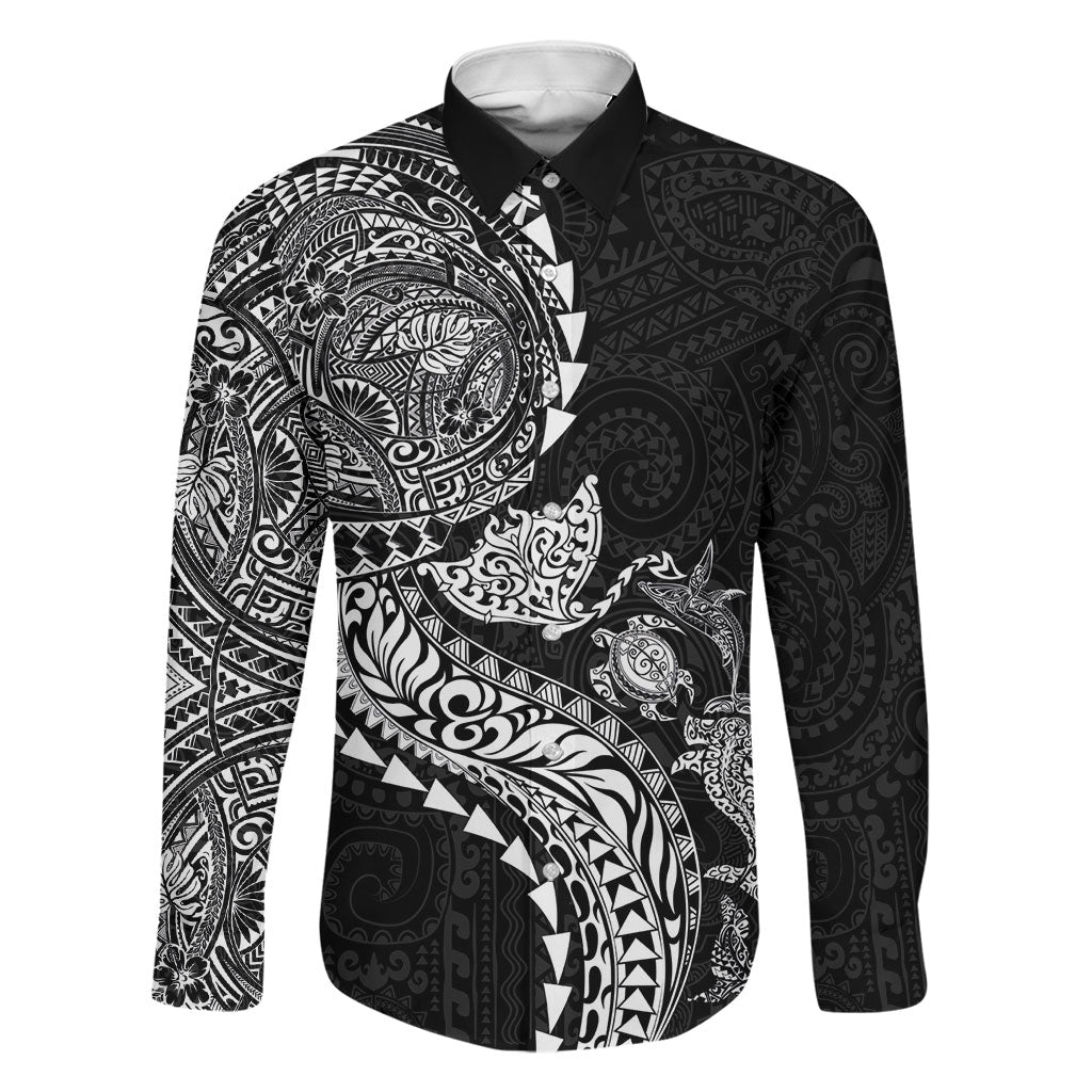 Hawaiian Kakau Tribal Sea Animals Tattoos Family Matching Tank Maxi Dress and Hawaiian Shirt Black Color LT03 Dad's Shirt - Long Sleeve Black - Polynesian Pride
