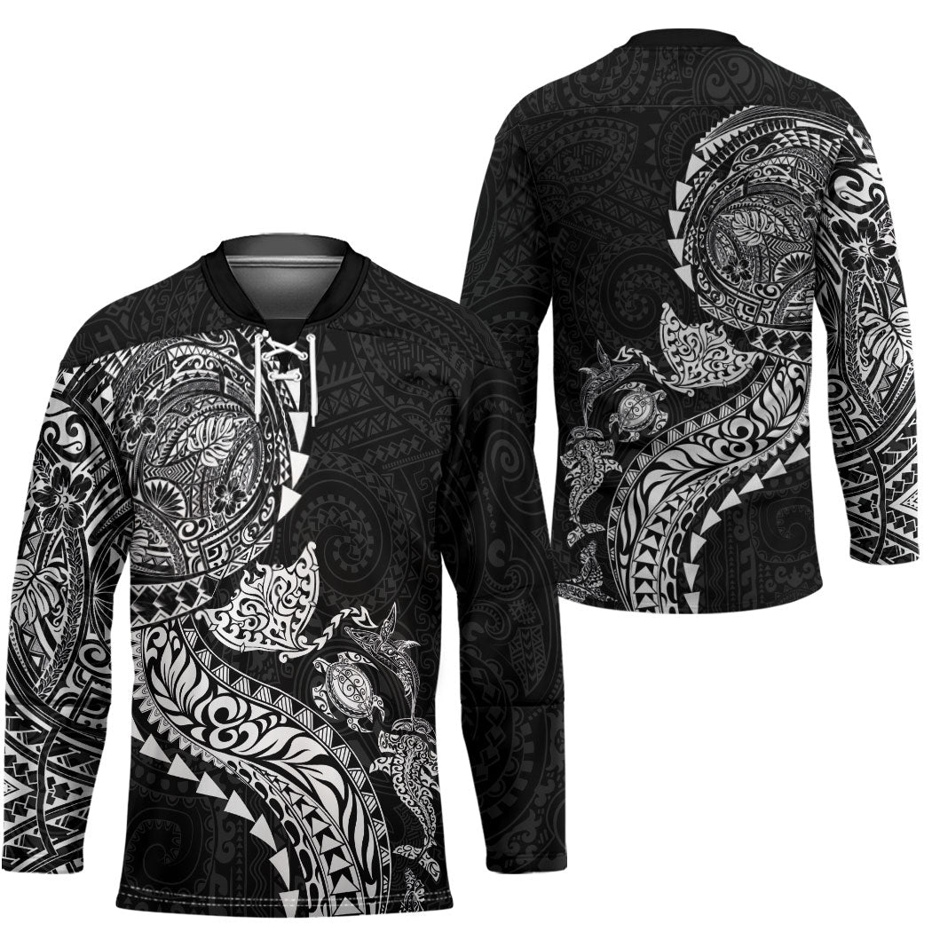 Hawaiian Kakau Tribal Sea Animals Tattoos Hockey Jersey Black Color LT03 - Polynesian Pride