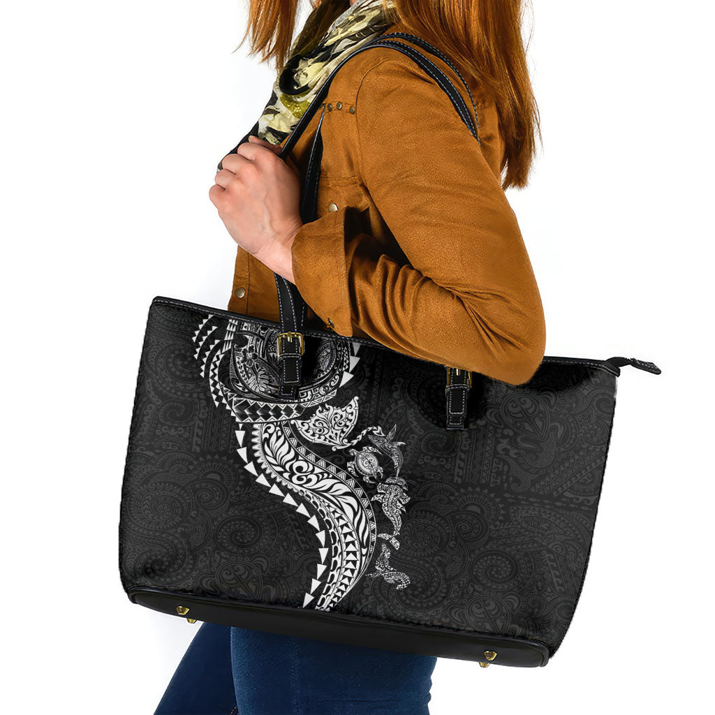 Hawaiian Kakau Tribal Sea Animals Tattoos Leather Tote Bag Black Color