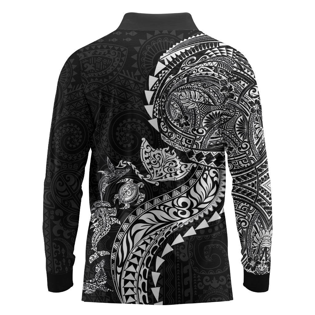 Hawaiian Kakau Tribal Sea Animals Tattoos Long Sleeve Polo Shirt Black Color LT03 - Polynesian Pride