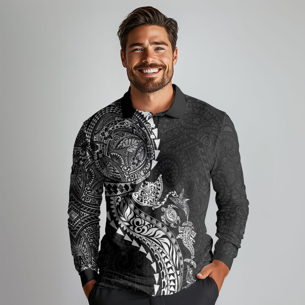Hawaiian Kakau Tribal Sea Animals Tattoos Long Sleeve Polo Shirt Black Color LT03 - Polynesian Pride