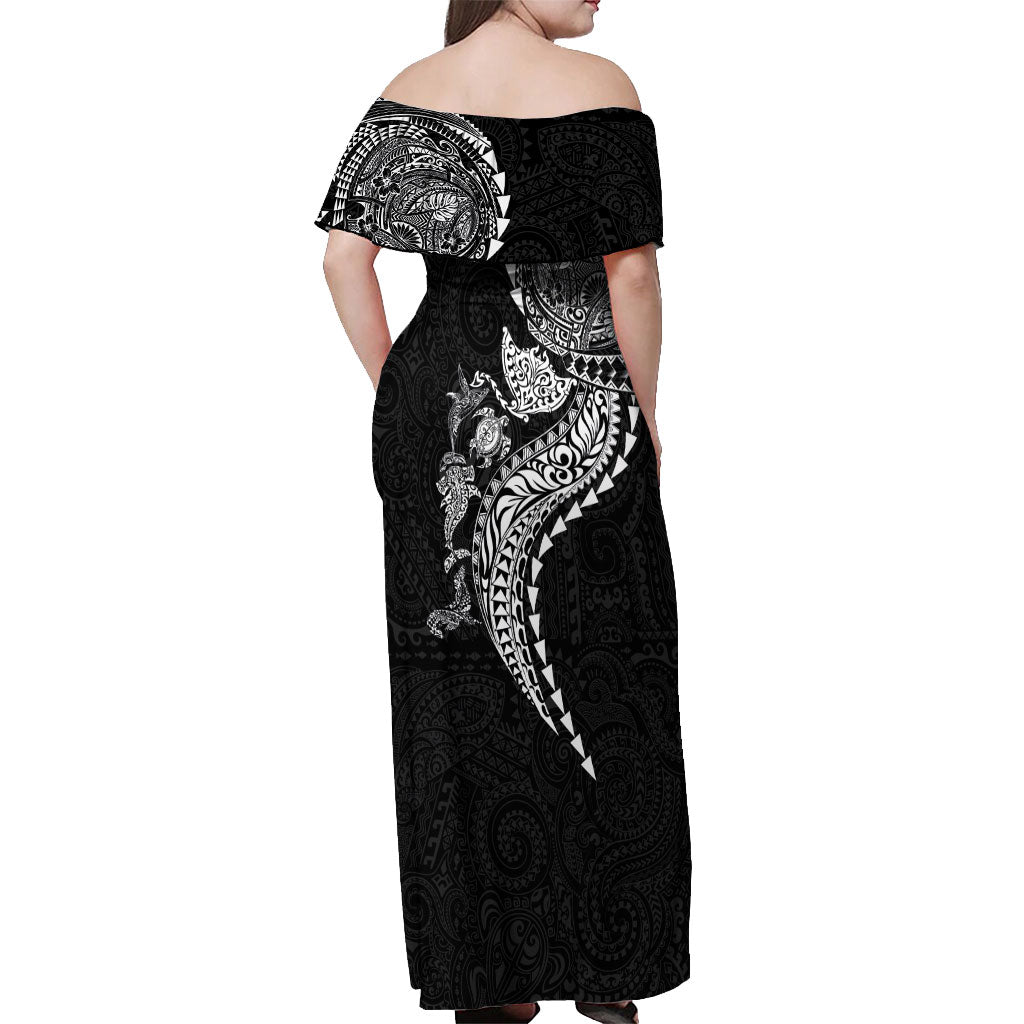 Hawaiian Kakau Tribal Sea Animals Tattoos Off Shoulder Maxi Dress Black Color LT03 - Polynesian Pride