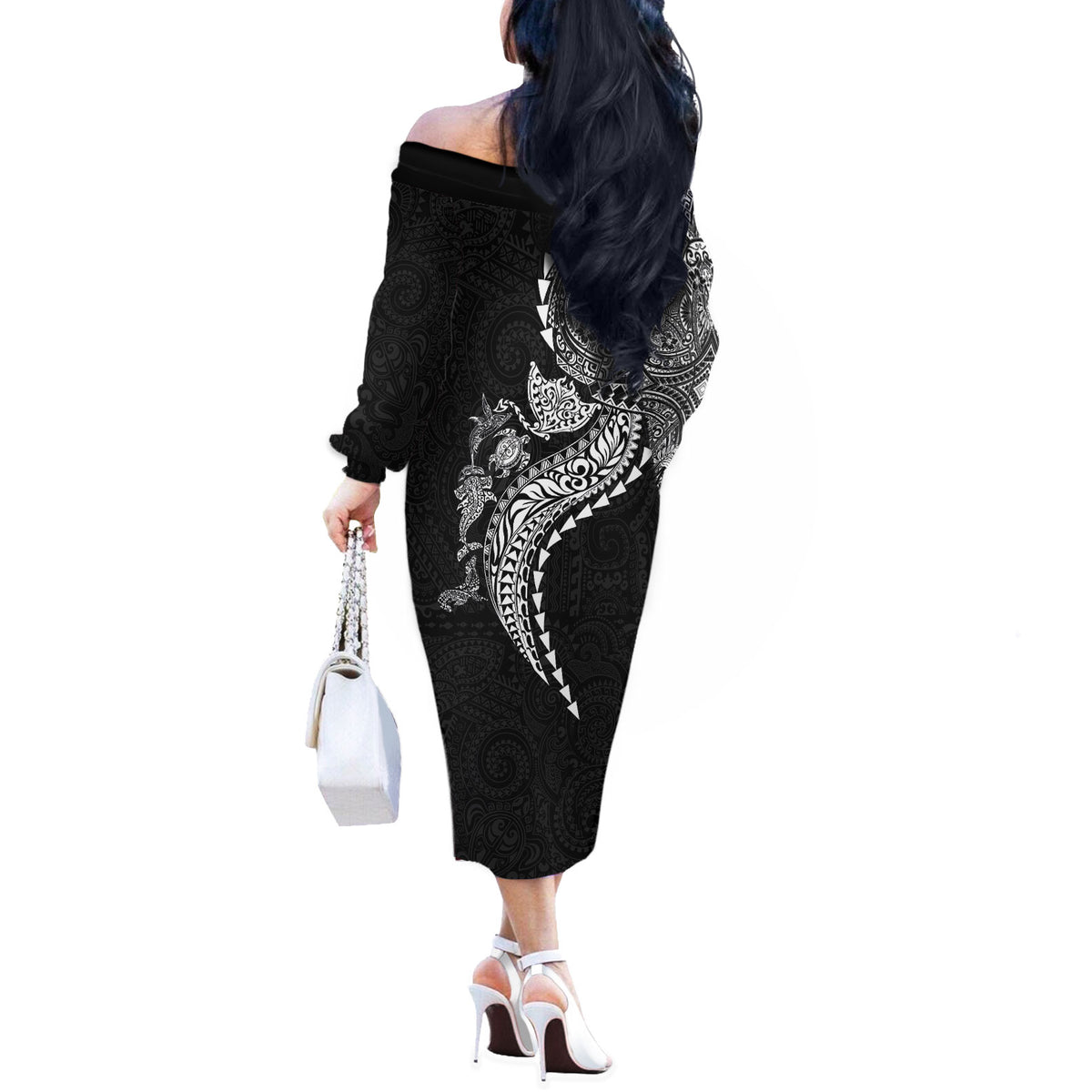 Hawaiian Kakau Tribal Sea Animals Tattoos Off The Shoulder Long Sleeve Dress Black Color LT03 - Polynesian Pride