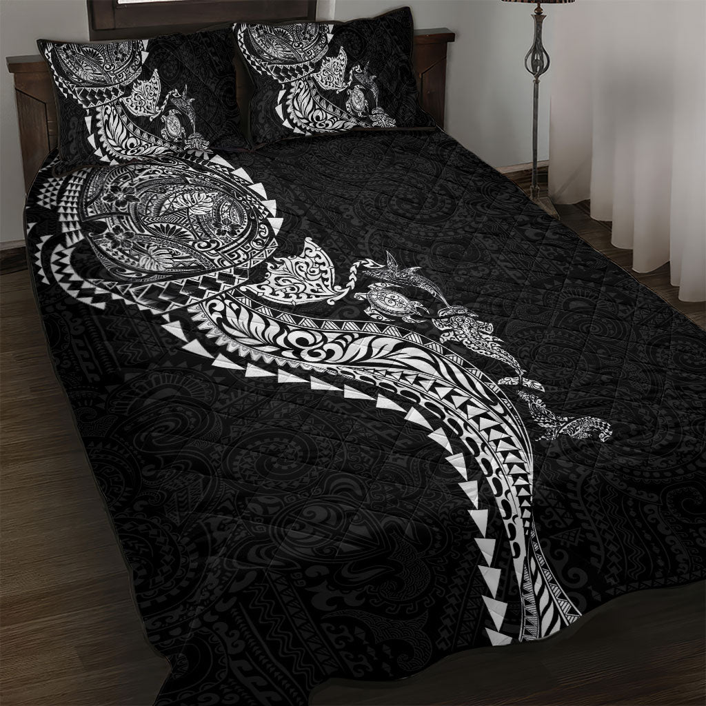 Hawaiian Kakau Tribal Sea Animals Tattoos Quilt Bed Set Black Color