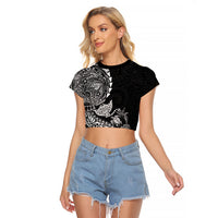 Hawaiian Kakau Tribal Sea Animals Tattoos Raglan Cropped T Shirt Black Color LT03 Female Black - Polynesian Pride