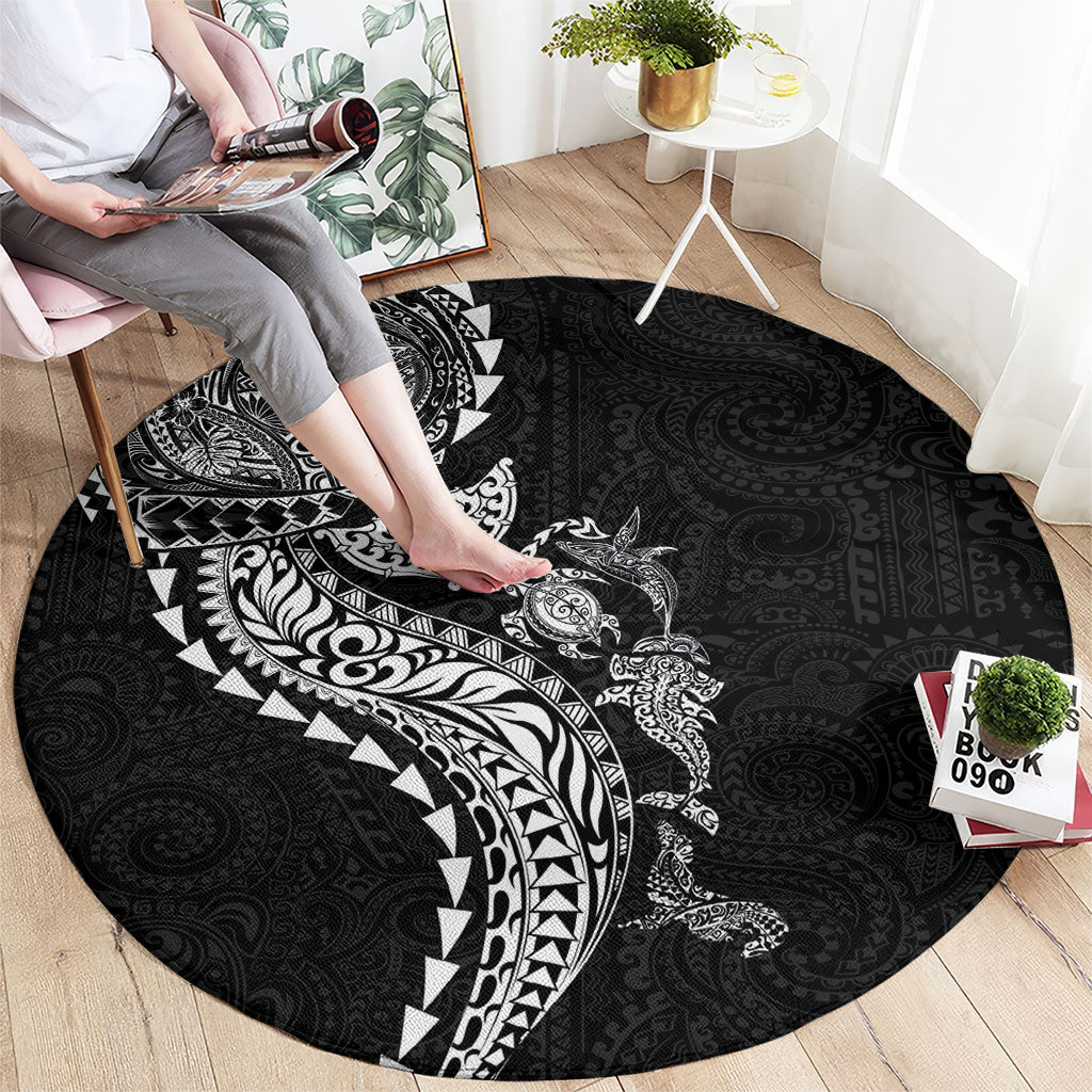 Hawaiian Kakau Tribal Sea Animals Tattoos Round Carpet Black Color