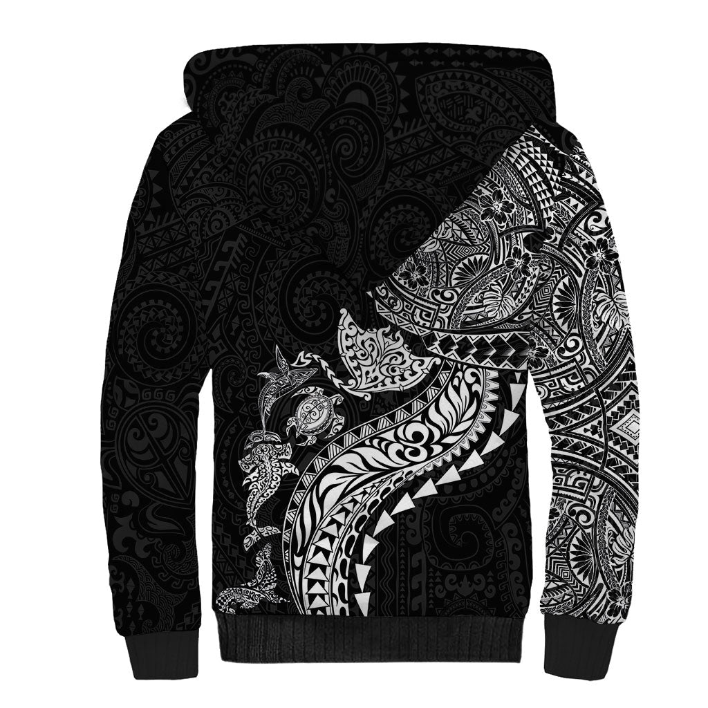 Hawaiian Kakau Tribal Sea Animals Tattoos Sherpa Hoodie Black Color LT03 - Polynesian Pride