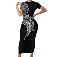 Hawaiian Kakau Tribal Sea Animals Tattoos Short Sleeve Bodycon Dress Black Color LT03 Long Dress Black - Polynesian Pride